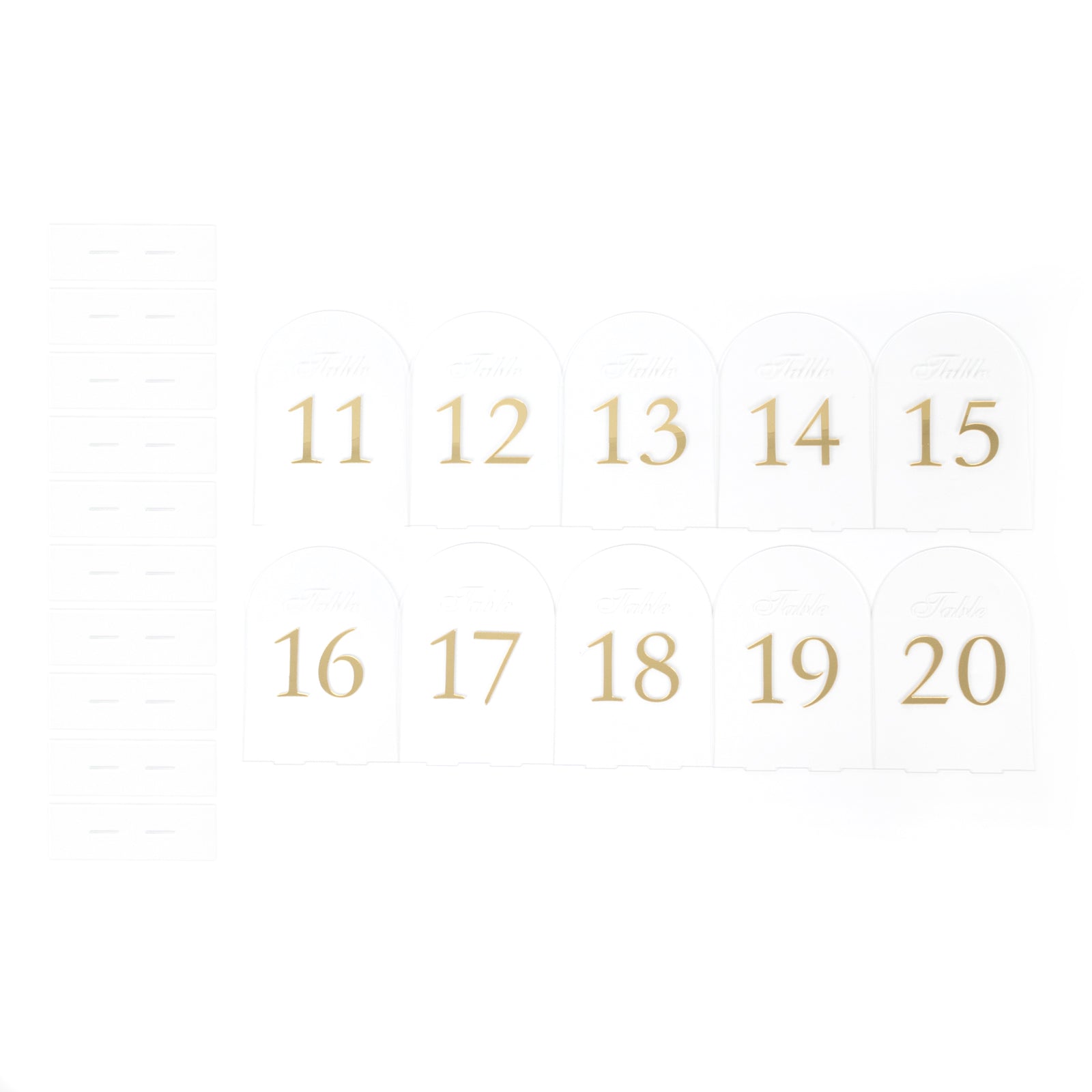 Clear Arch Acrylic Table Numbers (11-20) - 6"x7" Wedding Reception Signs with Gold Print & Stands
