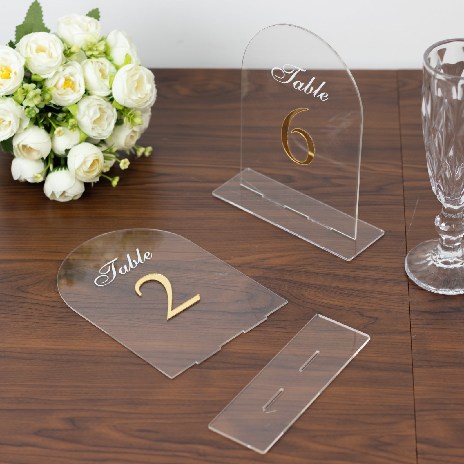 Clear Arch Acrylic Table Numbers (1-10) - 6"x7" Wedding Reception Signs with Gold Print & Stands