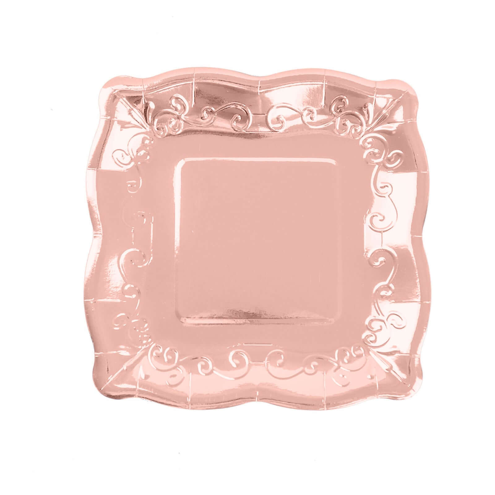 25-Pack Paper 7" Square Dessert Plates in Rose Gold with Vintage Pottery Embossed Design - Shiny Metallic Disposable Appetizer Plates