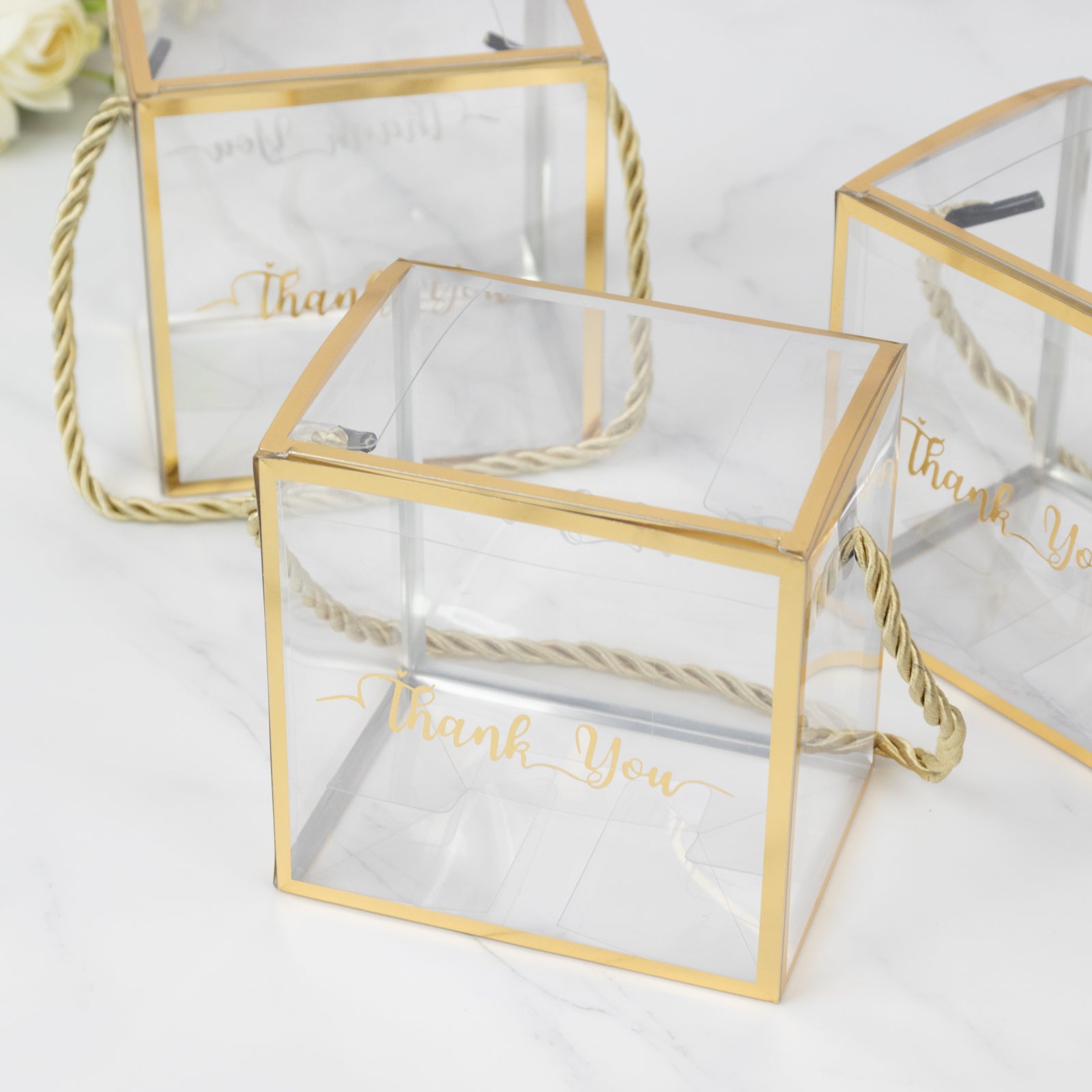 25 Pack Plastic Clear Square Gift Boxes with Gold Trim - Transparent Favor Boxes, Rope Handle, Pre-Printed Thank You Message - 4"x4"