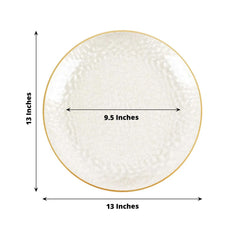 10-Pack Economy Plastic Round Charger Plates 13" in Clear Hammered Design with Glittered Gold Rim - Decorative Dinner Party Serving Plates