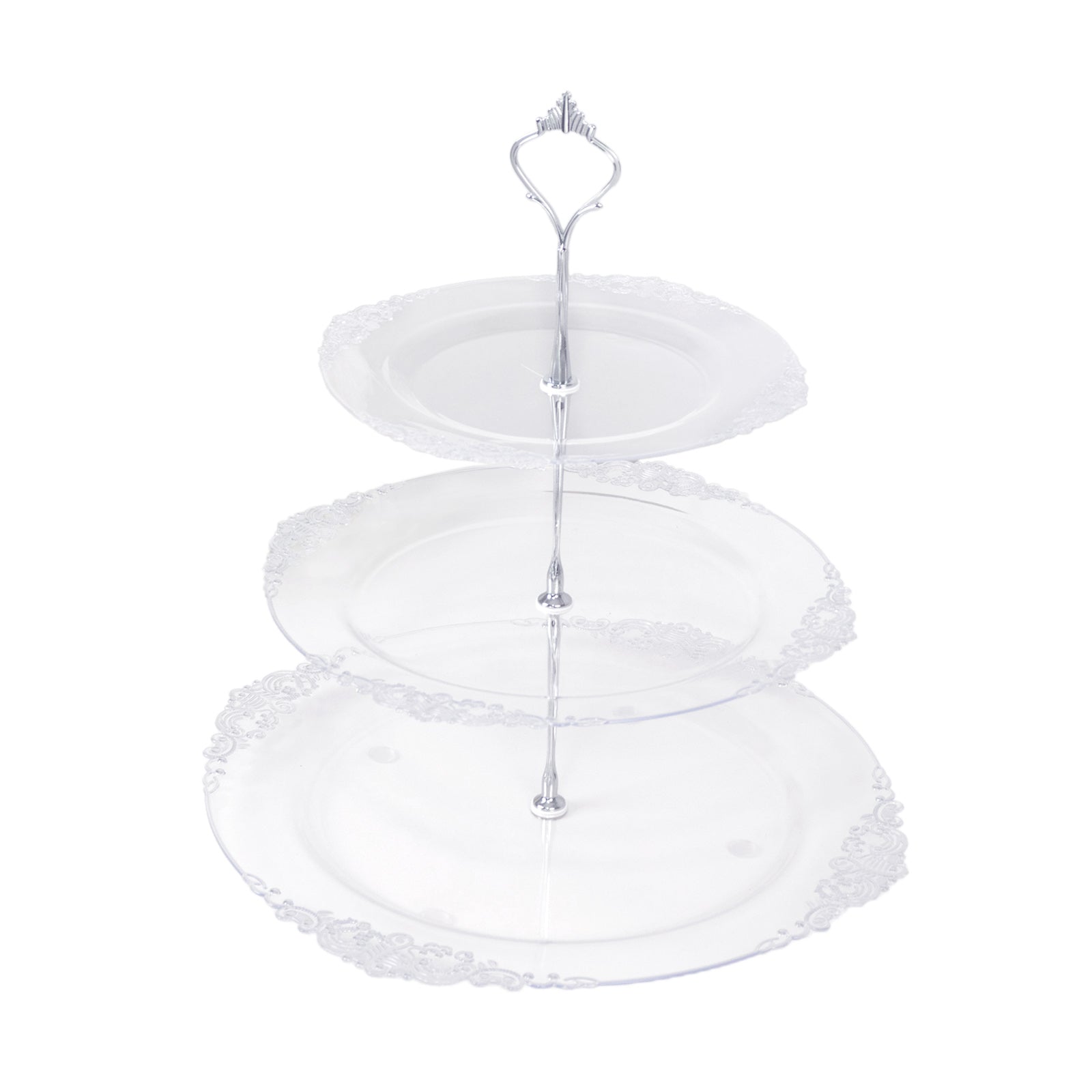 3-Tier Clear Plastic Cupcake Tower Stand with Silver Embossed Baroque Rim, 13" Round Cake Dessert Holder Display Stand Tiered Serving Tray with Top Handle