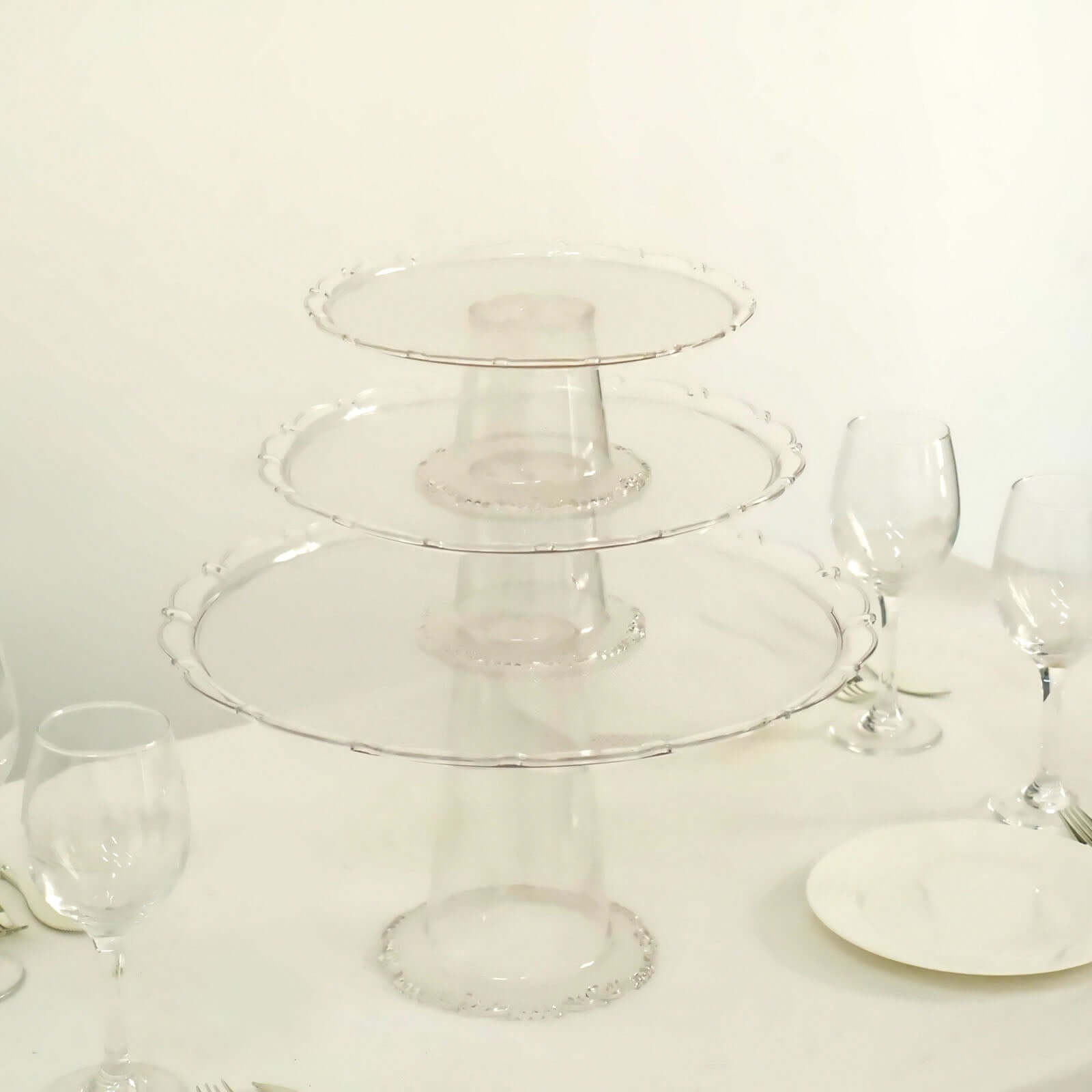 Set of 3 Plastic Round Pedestal Cake Stands Clear for Tea Parties Dessert Buffets & Banquets 9", 11", 15"