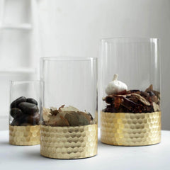 Set of 3 Glass Cylinder Vases Honeycomb Design Clear with Gold Base - Decorative Candle Holder Centerpieces 6", 8", 10"