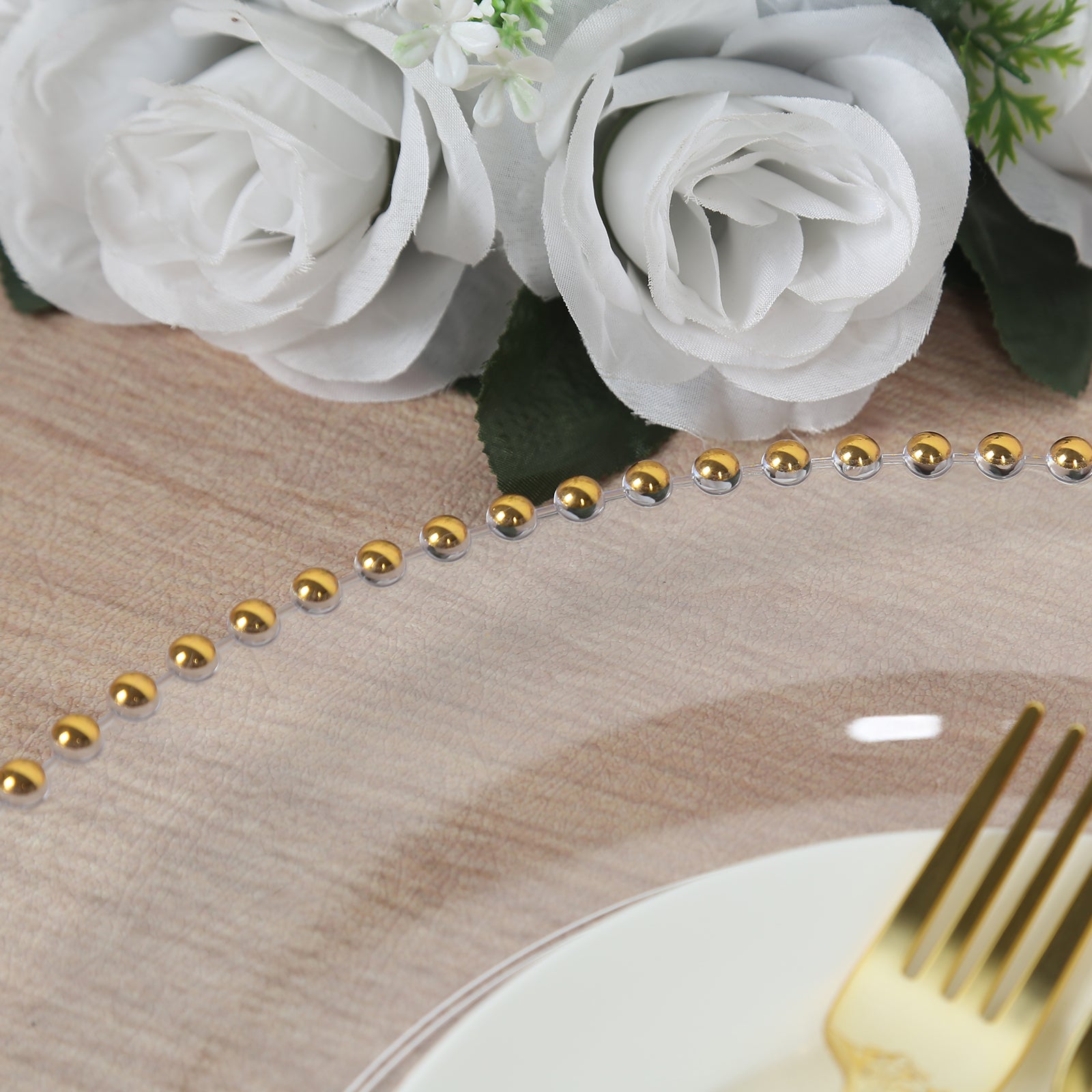 10-Pack Economy Round Plastic Charger Plates 13" in Clear with Gold Beaded Rim, Stylish Dinner Party Serving Plates