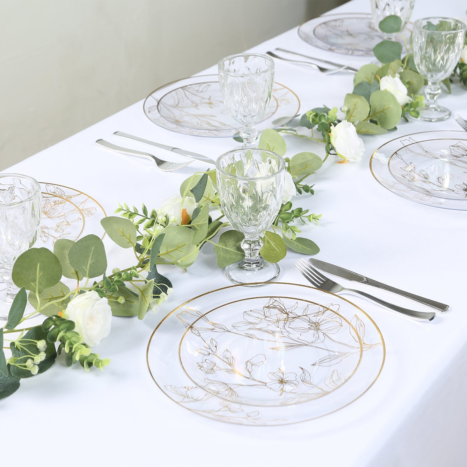 Set of 20 Plastic Round Dinner and Dessert Plates in Clear with Metallic Gold Floral Design - Stylish Disposable Dinnerware 8", 10"