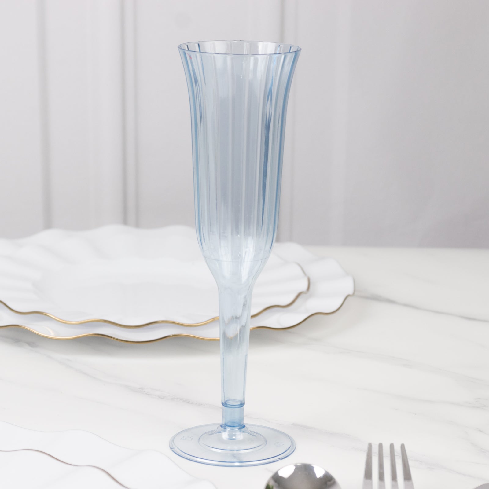 24-Pack Plastic Champagne Flutes Transparent Dusty Blue Flared Design - Lightweight Disposable Toasting Glasses 6oz