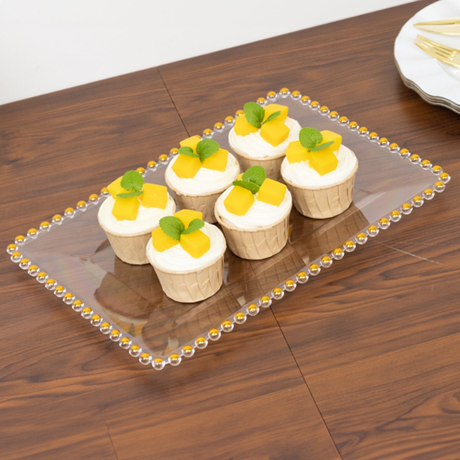 6-Pack Rectangular Acrylic Serving Trays Clear with Gold Beaded Rim - Food and Dessert Platters 9"x13"