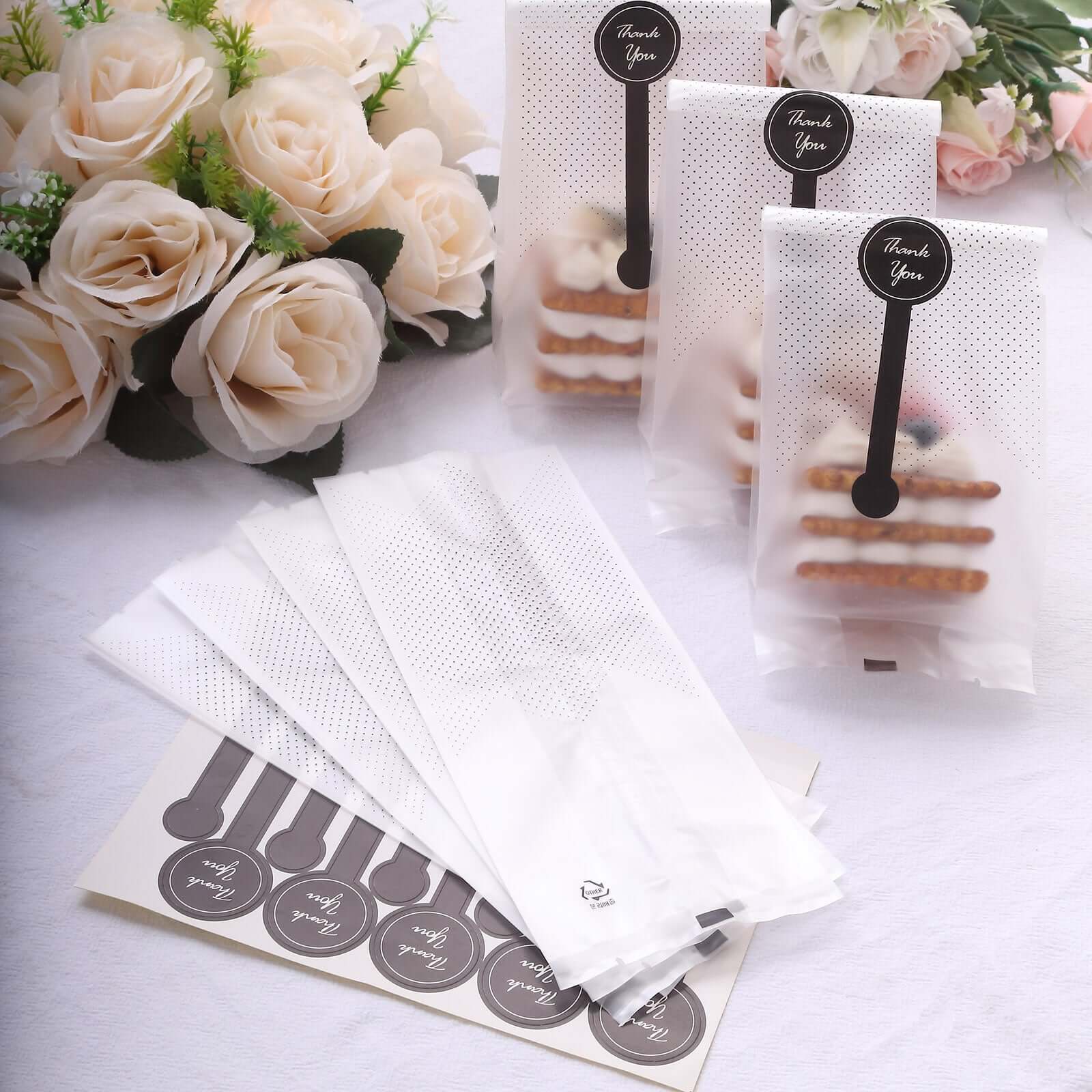 50 Pack Clear Black Dotted Plastic Goodie Gift Bags with "Thank You" Paper Stickers, Rectangular Party Favor Candy Treat Bags - 3"x9"