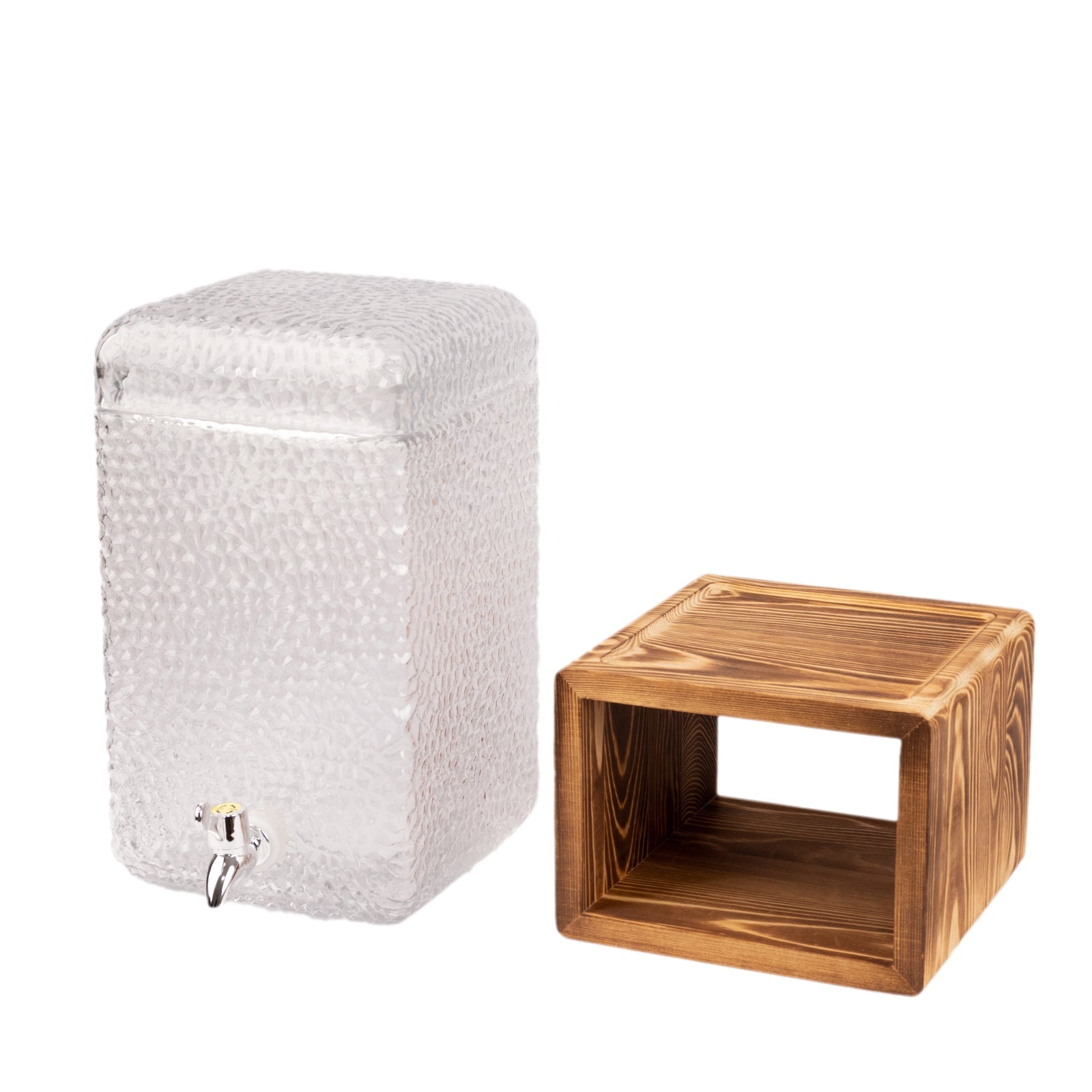 Gallon Clear Hammered Glass Beverage Dispenser, Rectangular Juice Jar with Wooden Stand and Lid - Lead-Free Countertop Feature 19"