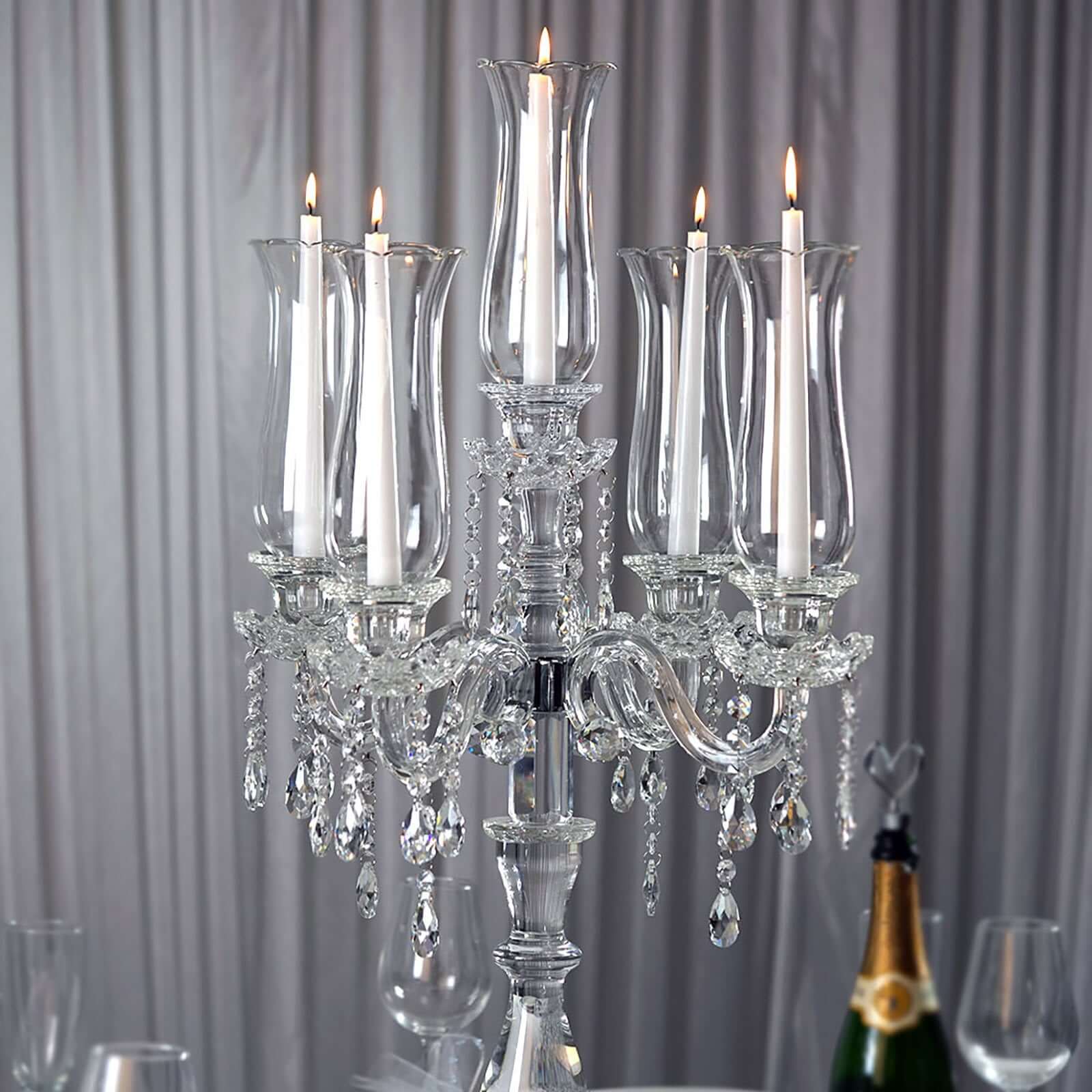 5 Arm Crystal Glass Taper Candle Holder Candelabra, Stylish Table Centerpiece With Chandelier Chains 32"