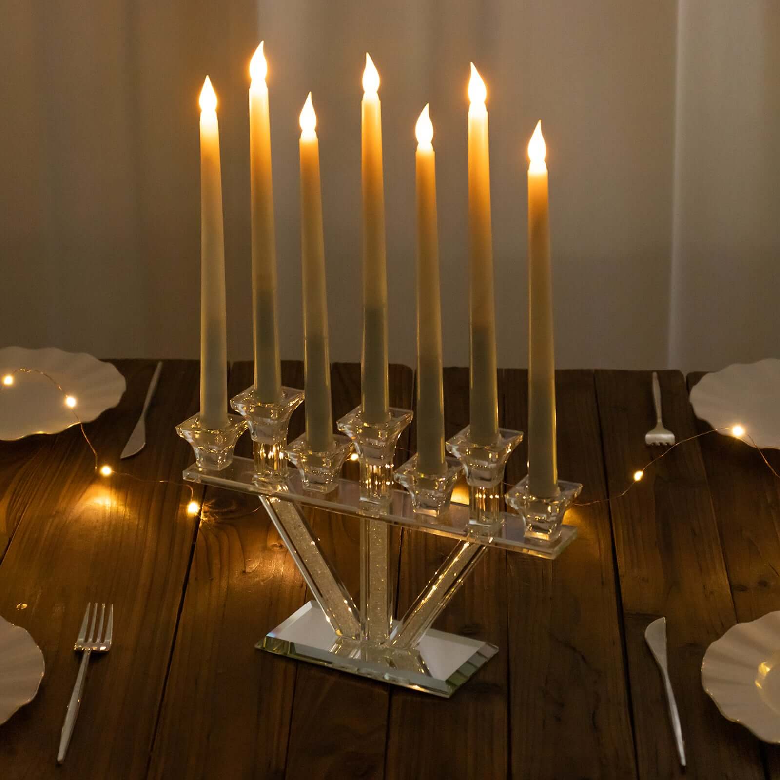 Crystal Glass Candelabra, 7-Branch Taper Candle Stick Holder Stand Table Centerpiece With Crystal Filler and Mirror Base 12"