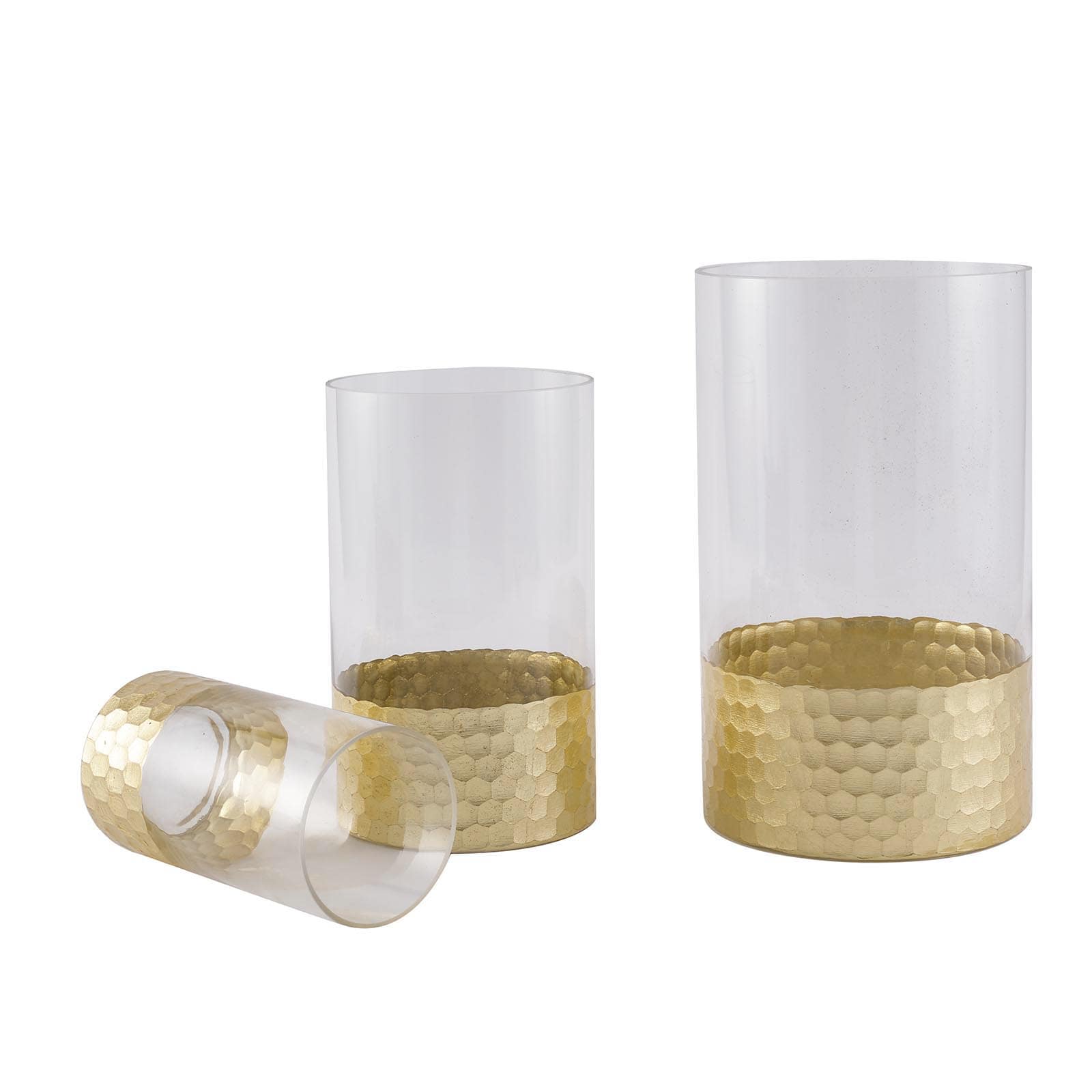 Set of 3 Glass Cylinder Vases Honeycomb Design Clear with Gold Base - Decorative Candle Holder Centerpieces 6", 8", 10"