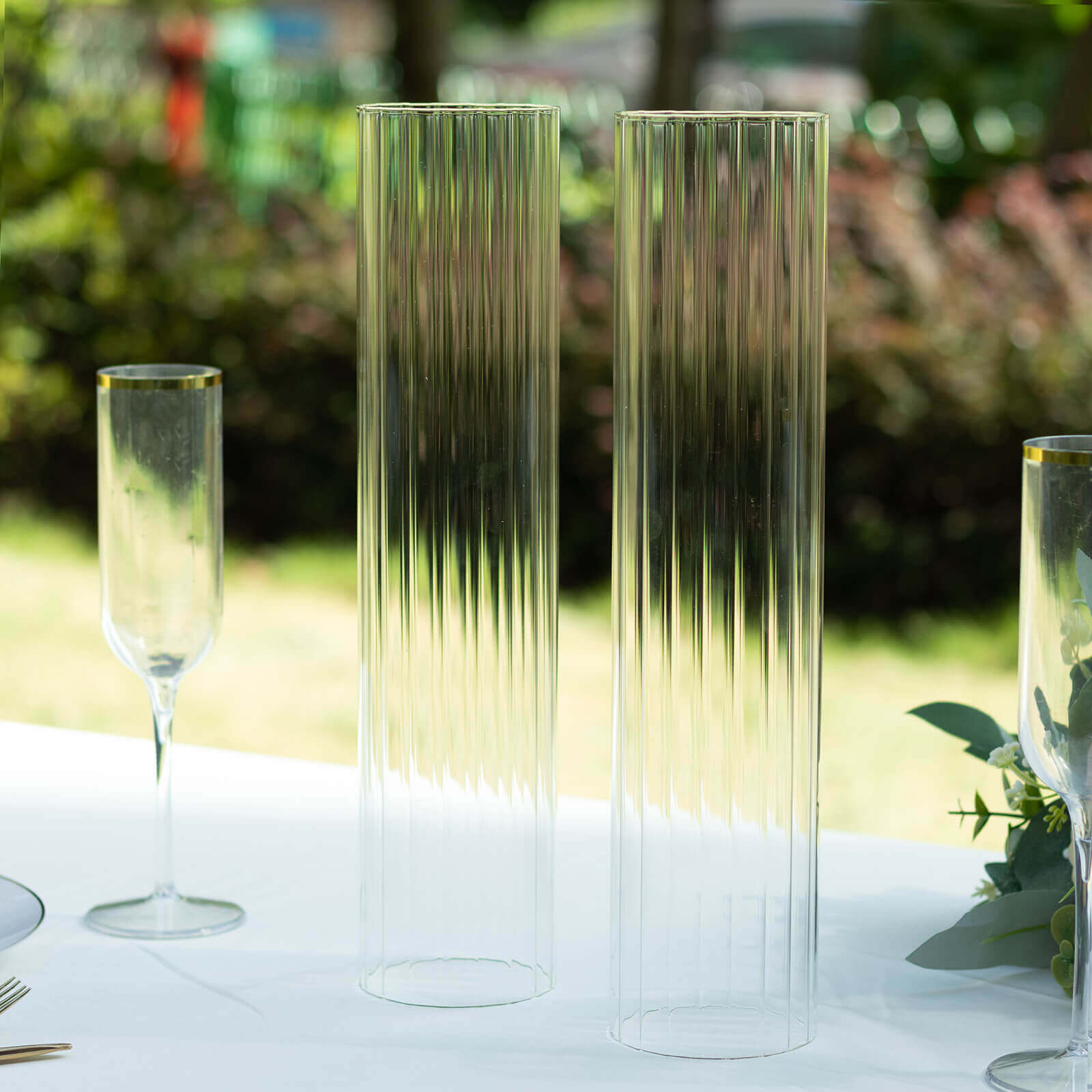 2-Pack Clear Ribbed Glass Hurricane Shades Open End Design - Stylish Candelabra Pillar Candle Holder Table Centerpiece 14"