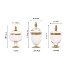 Set of 3 Glass Jars Apothecary Design Clear with Gold Trim and Snap-On Lids - Stylish Decorative Candy Buffet Storage 8.5", 9", 10"