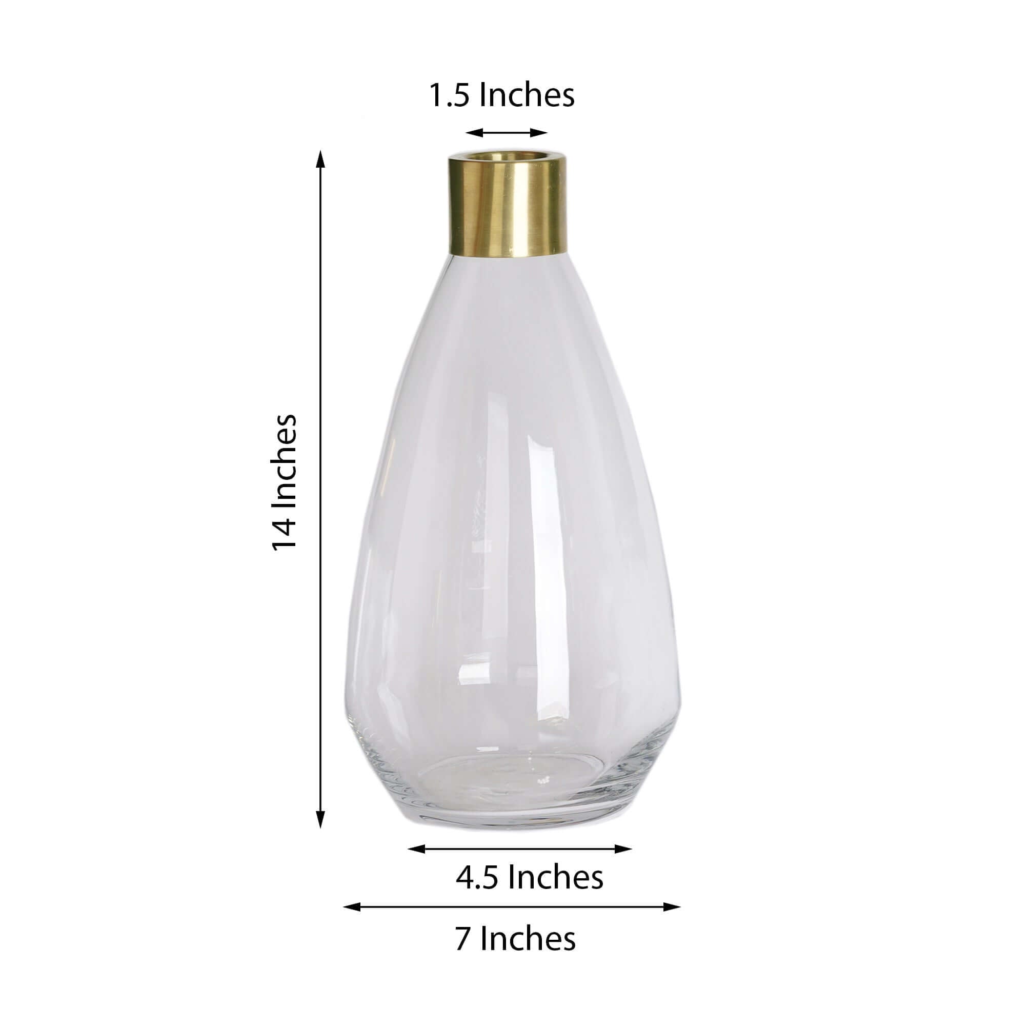 2-Pack Glass Flower Vases Teardrop Design Clear with Gold Metal Top - Stylish Event Table Centerpieces 14"