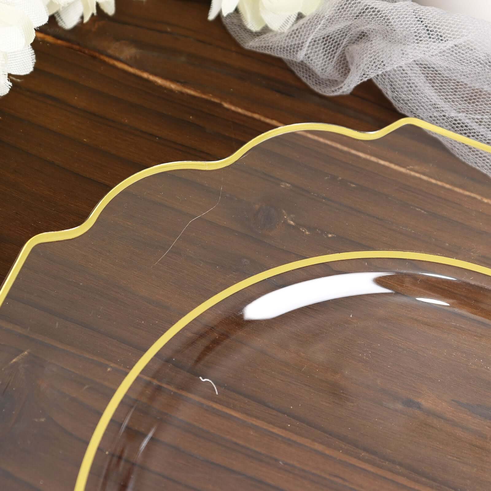 10-Pack Plastic Dessert Appetizer Plates in Clear Baroque Design with Scalloped Gold Rim - Heavy Duty Disposable Salad Plates 8"