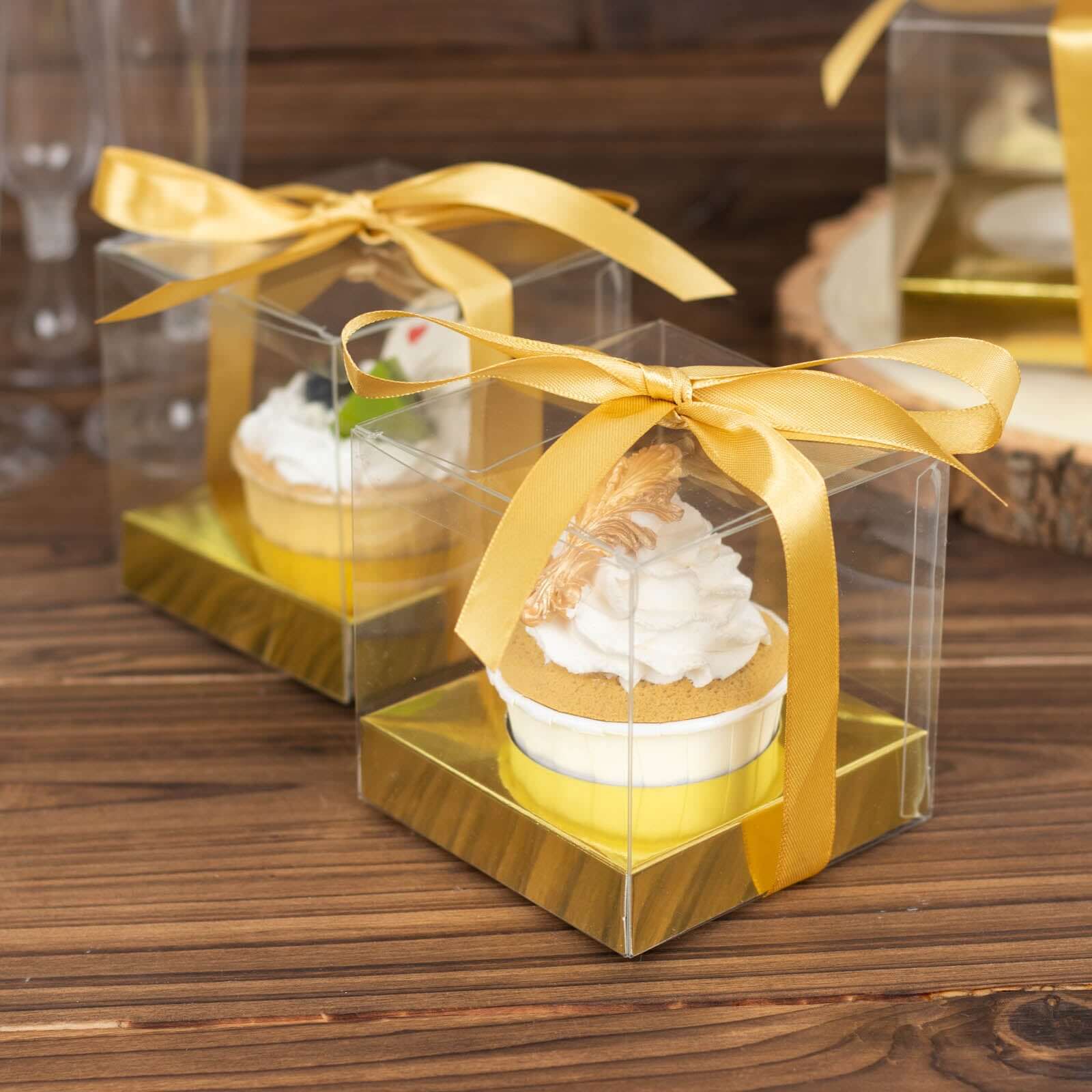 12 Pack 3.5" Clear Metallic Gold Disposable Cupcake Boxes With Ribbon Tie, Plastic Wedding Favor Boxes