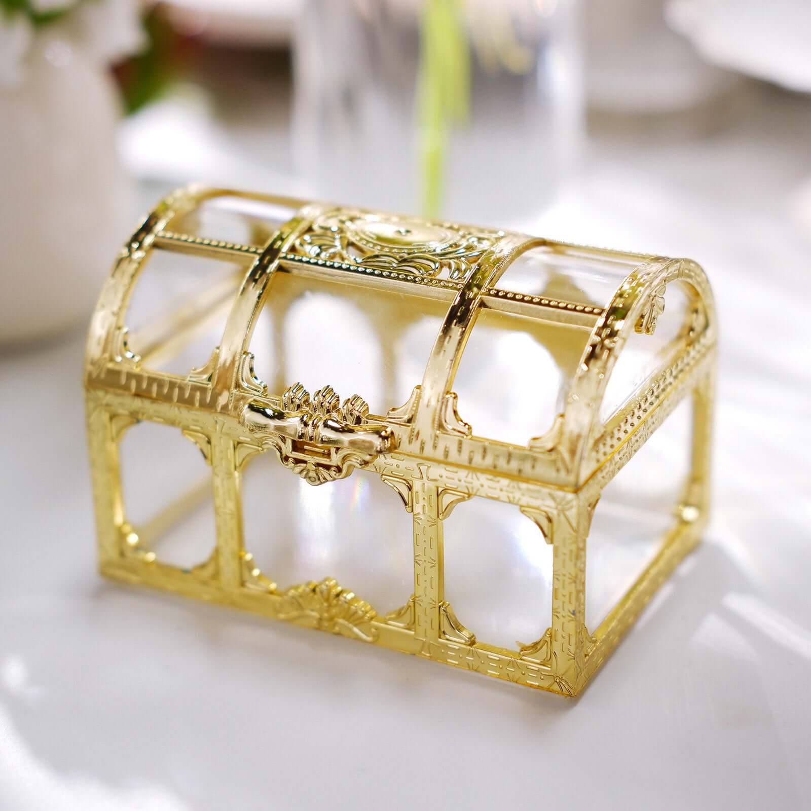 12-Pack Vintage Jewelry Box Candy Containers Clear Gold - Stylish Treasure Chest Favor Boxes 3.5"