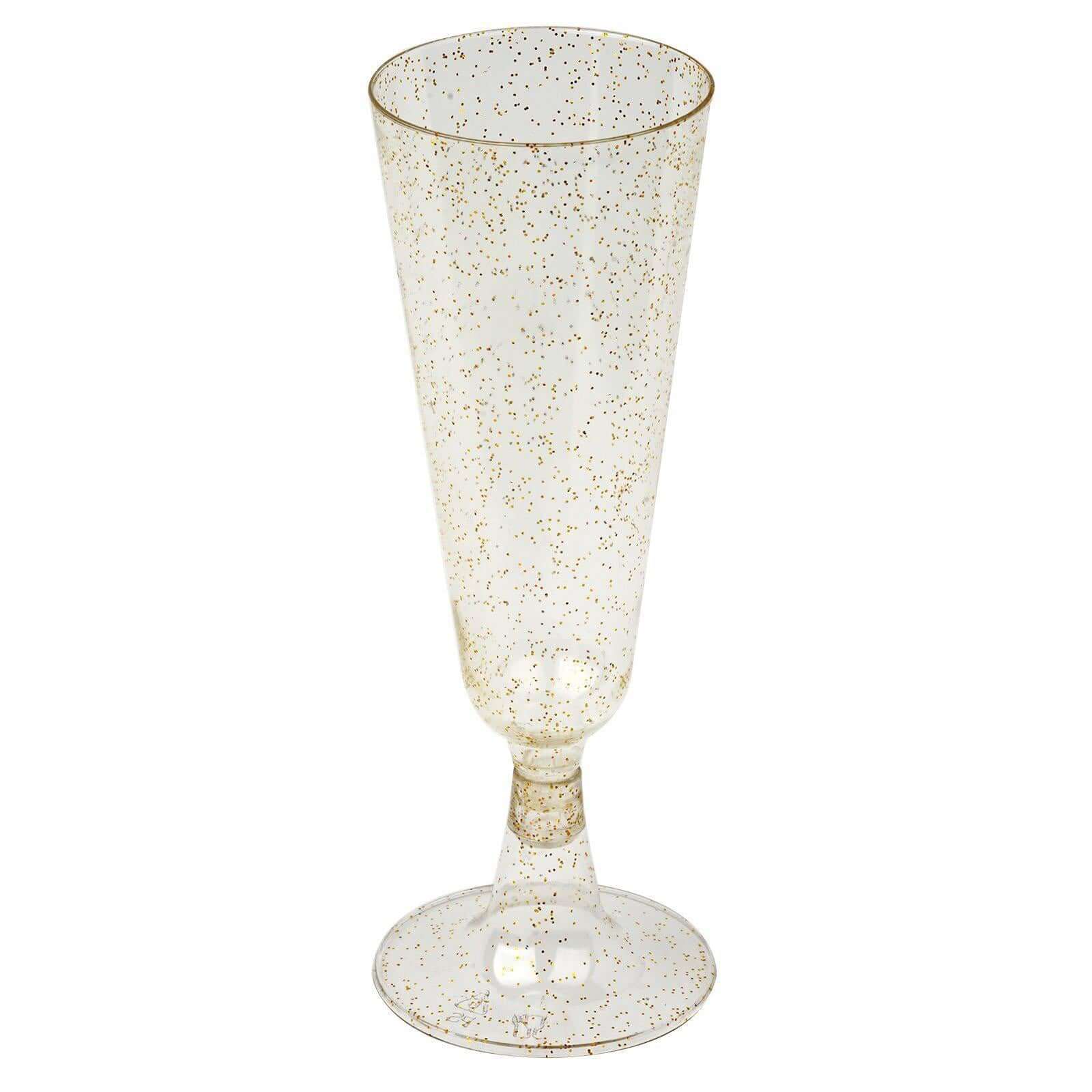 12-Pack Plastic Champagne Glasses Gold Glittered Short Stem - Stylish Disposable Flutes with Detachable Base for Toasts 5oz