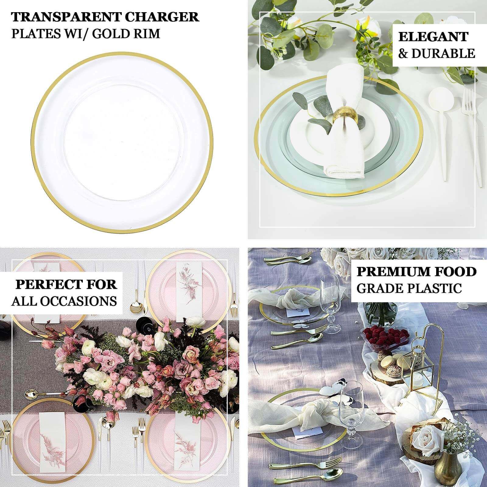 10-Pack Economy Plastic Round Charger Plates 12" in Transparent Blush with Wide Gold Rim, Decorative Dinner Party Serving Plates