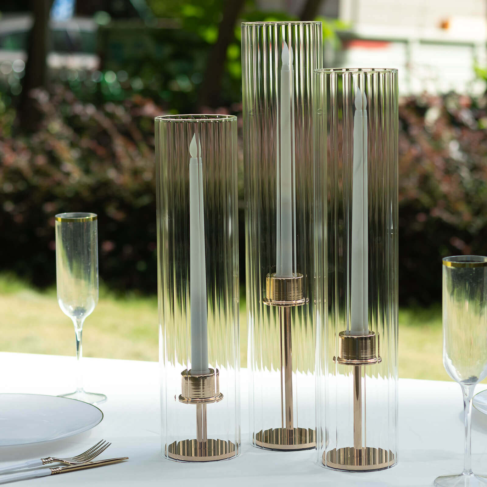 Set of 3 Clear Ribbed Glass Hurricane Shades Open End Design - Stylish Candelabra Pillar Candle Holder Table Centerpiece 15", 17", 19"