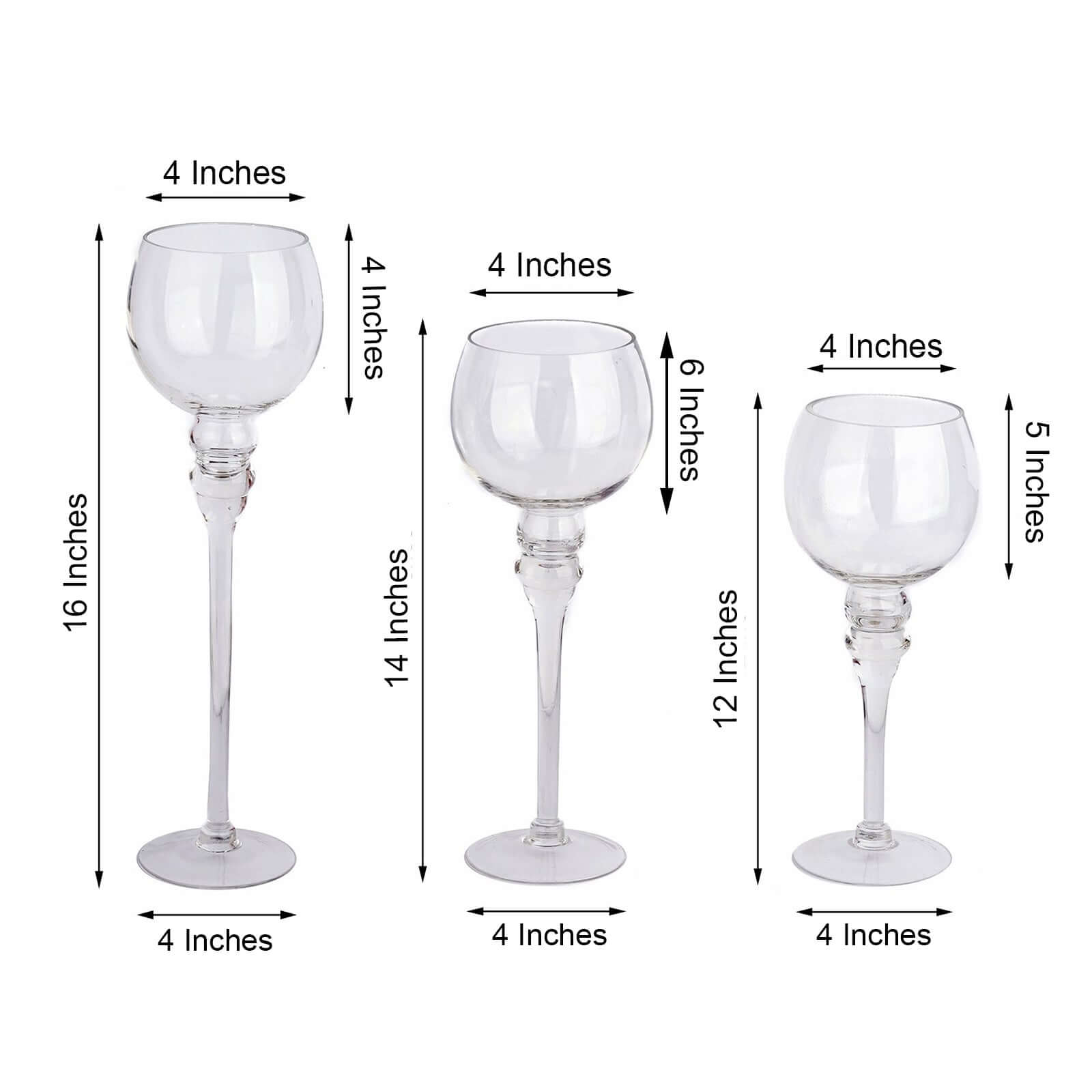 Set of 3 Glass Globe Vases Long Stem Clear - Stylish Candle Holder Floral Centerpieces 12", 14", 16"