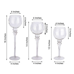 Set of 3 Glass Globe Vases Long Stem Clear - Stylish Candle Holder Floral Centerpieces 12", 14", 16"