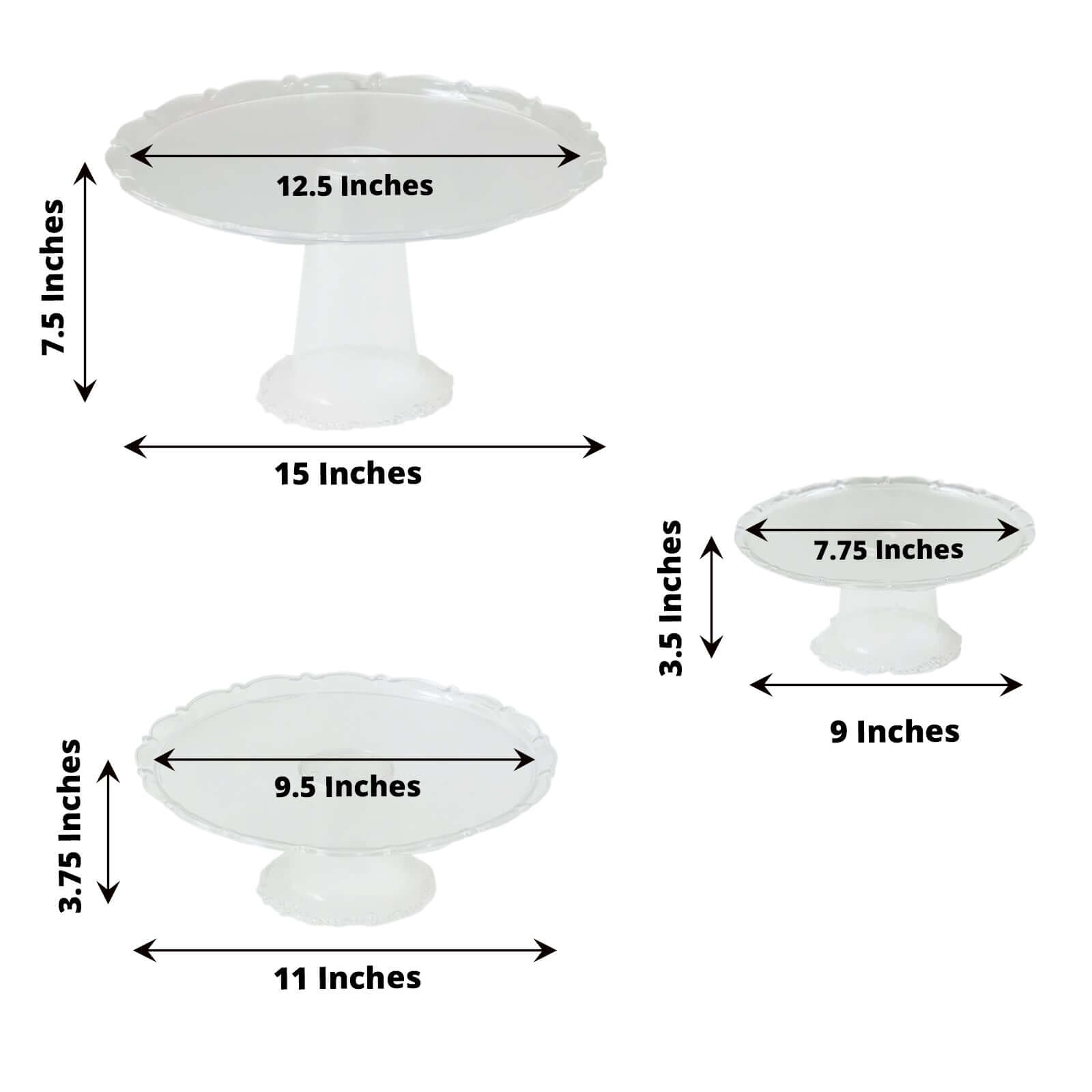 Set of 3 Plastic Round Pedestal Cake Stands Clear for Tea Parties Dessert Buffets & Banquets 9", 11", 15"