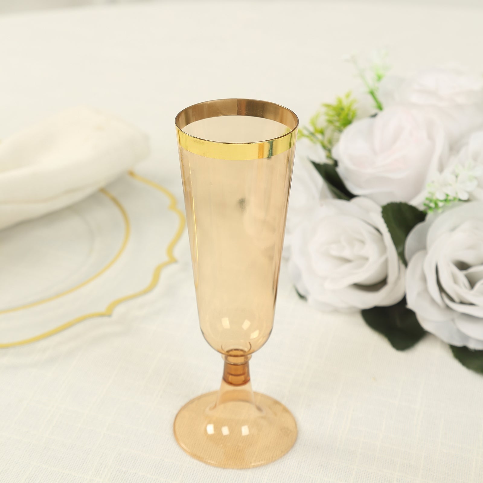 12-Pack Plastic Champagne Flutes Transparent Amber Gold with Gold Rim - Stylish Disposable Cocktail Glasses for Parties 5oz 6"