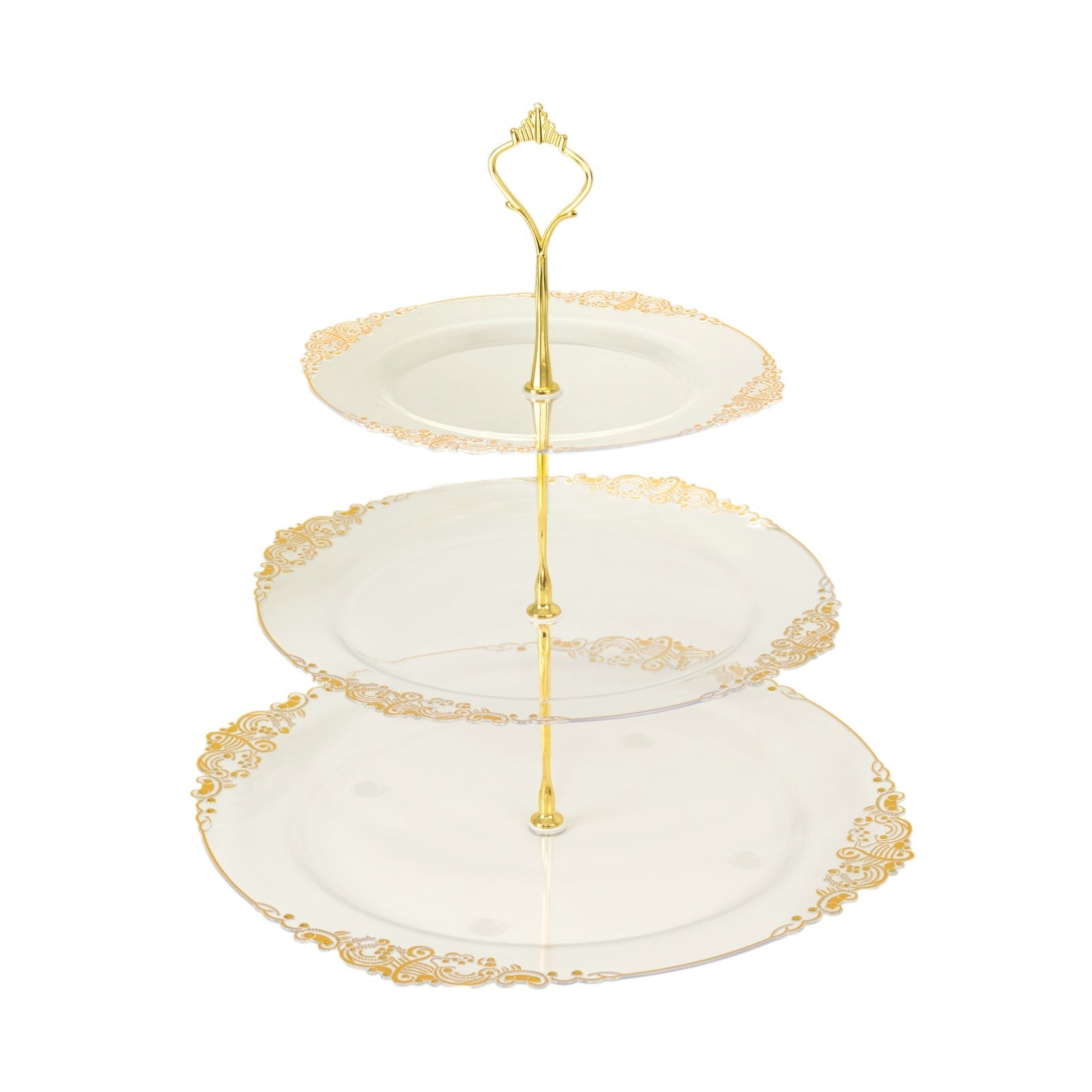 3-Tier Clear Plastic Cupcake Tower Stand with Gold Embossed Baroque Rim, 13" Round Cake Dessert Holder Display Stand Tiered Serving Tray with Top Handle