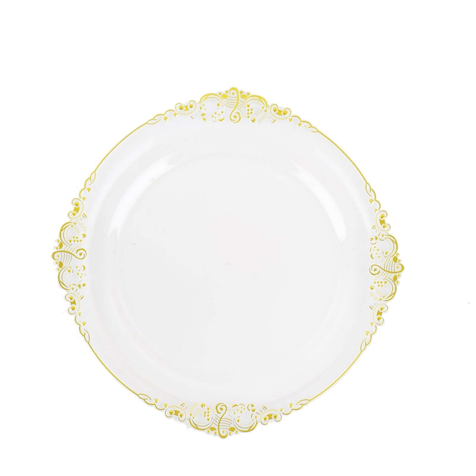 10-Pack Plastic 10" Round Dinner Plates in Clear with Gold Leaf Embossed Rim - Disposable Vintage Baroque Style Plates