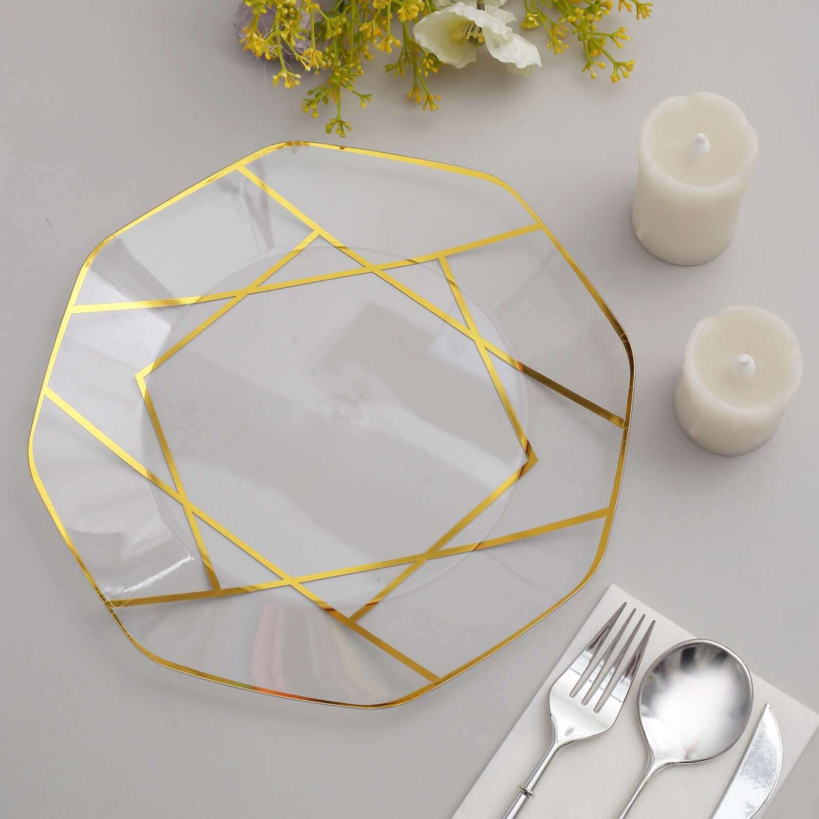10-Pack Plastic 10" Octagon Dinner Plates in Clear - Modern Disposable Party Plates with Gold Geometric Design for Special Occasions & Celebrations
