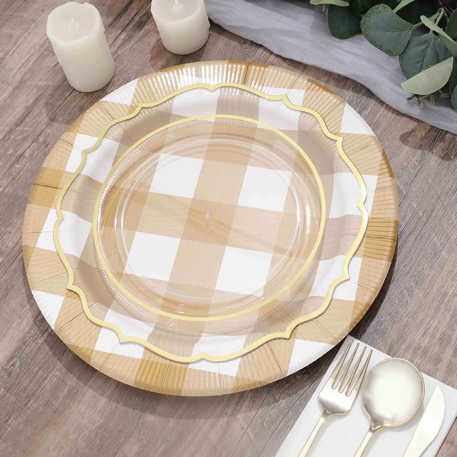 10-Pack Disposable Paper Charger Plates – Gold/White Buffalo Plaid 13" Round Table Chargers, 350 GSM Cardstock