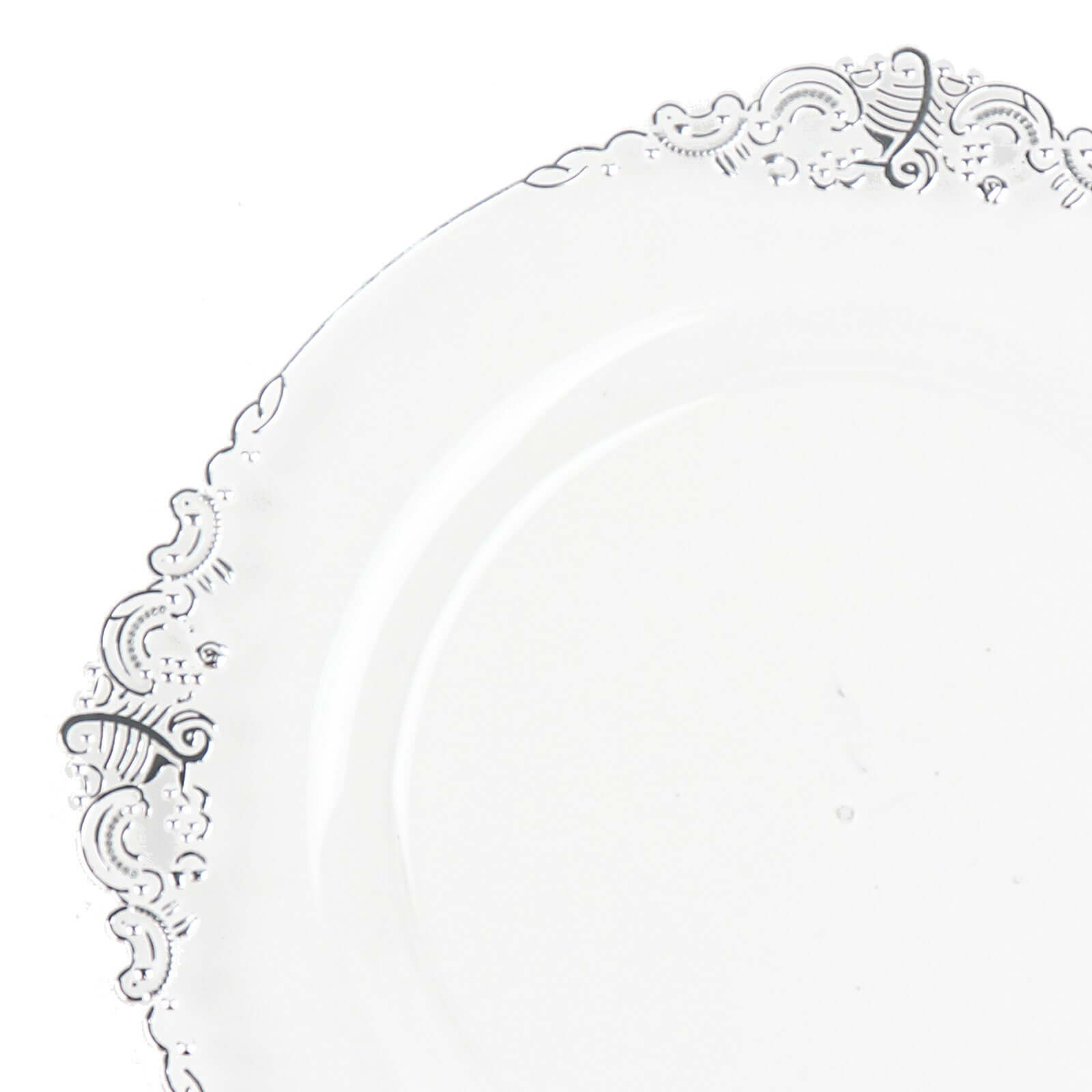 10-Pack Plastic 8" Round Dessert Plates in Clear with Silver Leaf Embossed Rim - Disposable Vintage Baroque Style Salad Plates