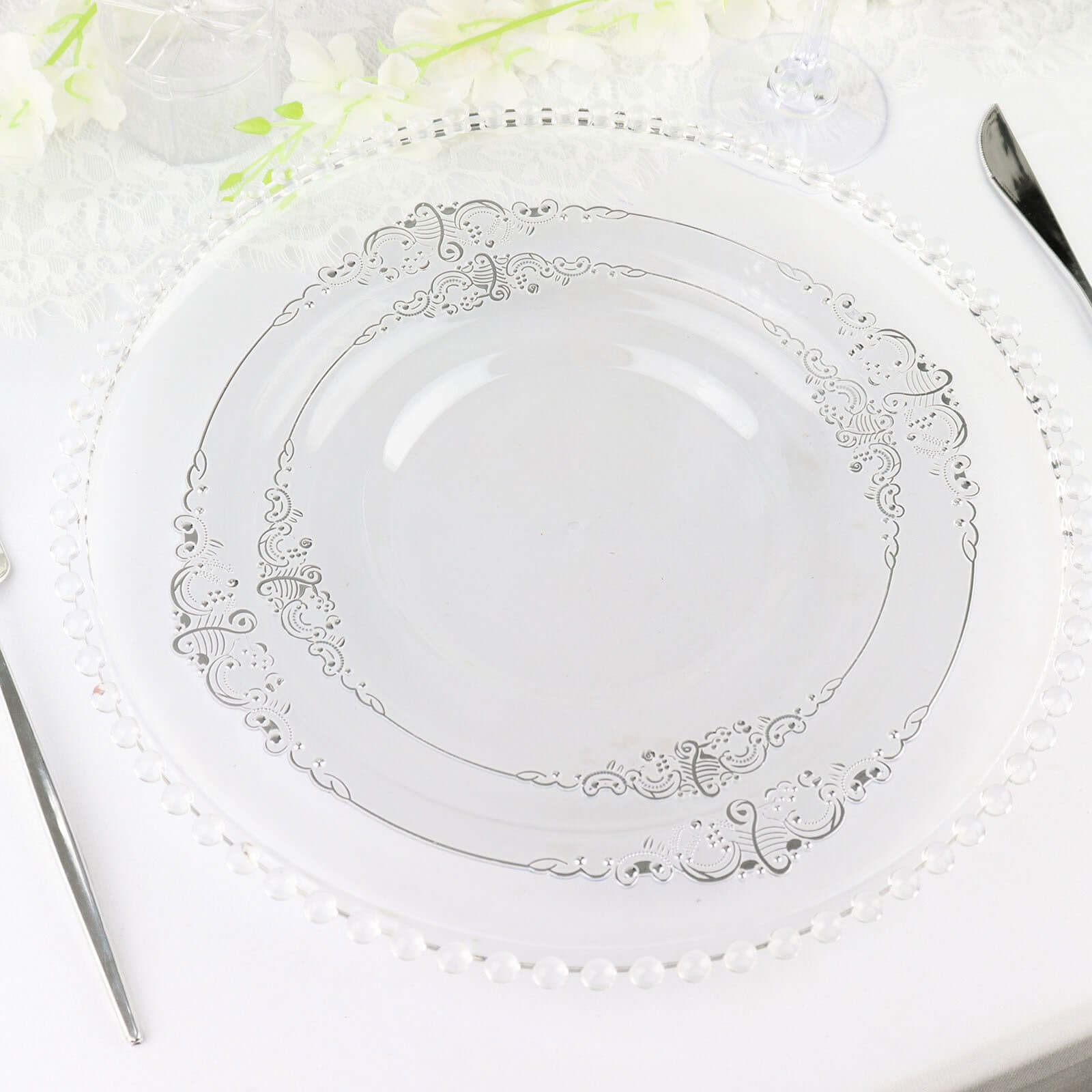 10-Pack Plastic 8" Round Dessert Plates in Clear with Silver Leaf Embossed Rim - Disposable Vintage Baroque Style Salad Plates