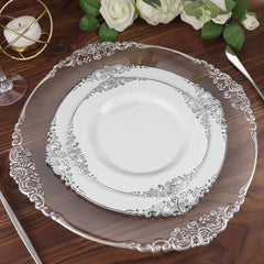 10-Pack Plastic 8" Round Dessert Plates in White with Silver Leaf Embossed Rim - Disposable Vintage Baroque Style Salad Plates