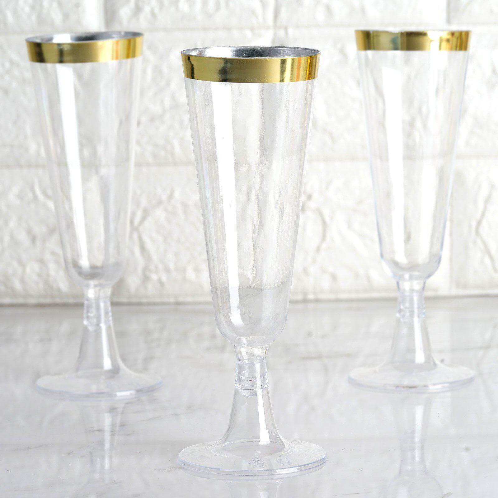12-Pack Plastic Champagne Flutes Clear with Gold Rim - Stylish Disposable Cocktail Glasses for Parties 5oz 6"