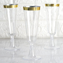 12-Pack Plastic Champagne Flutes Clear with Gold Rim - Stylish Disposable Cocktail Glasses for Parties 5oz 6"