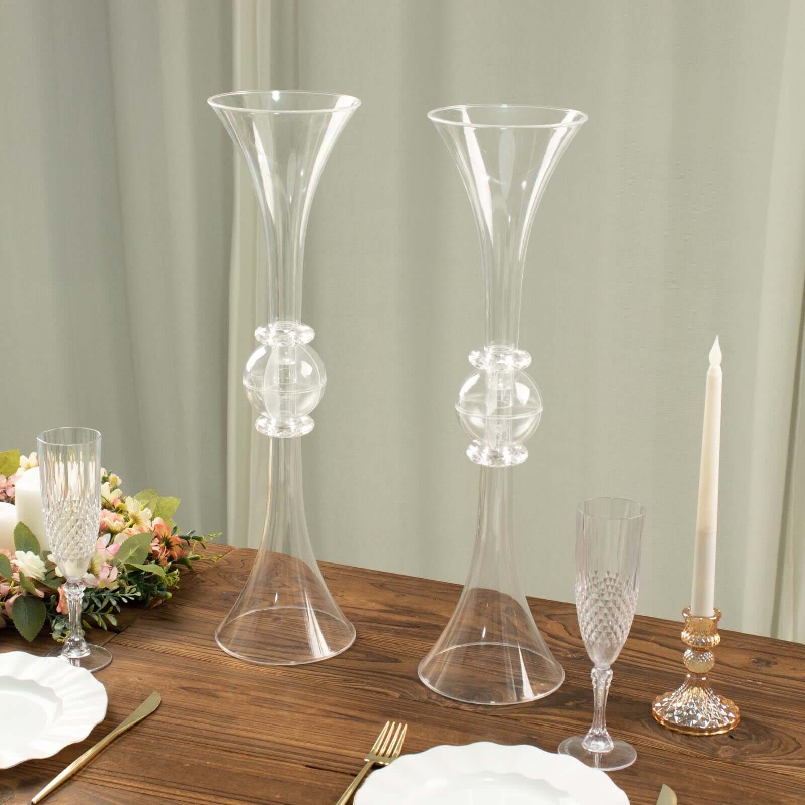 2-Pack Flower Vases Trumpet Design with Crystal Embellishments Clear - Reversible Plastic Table Centerpieces 21"