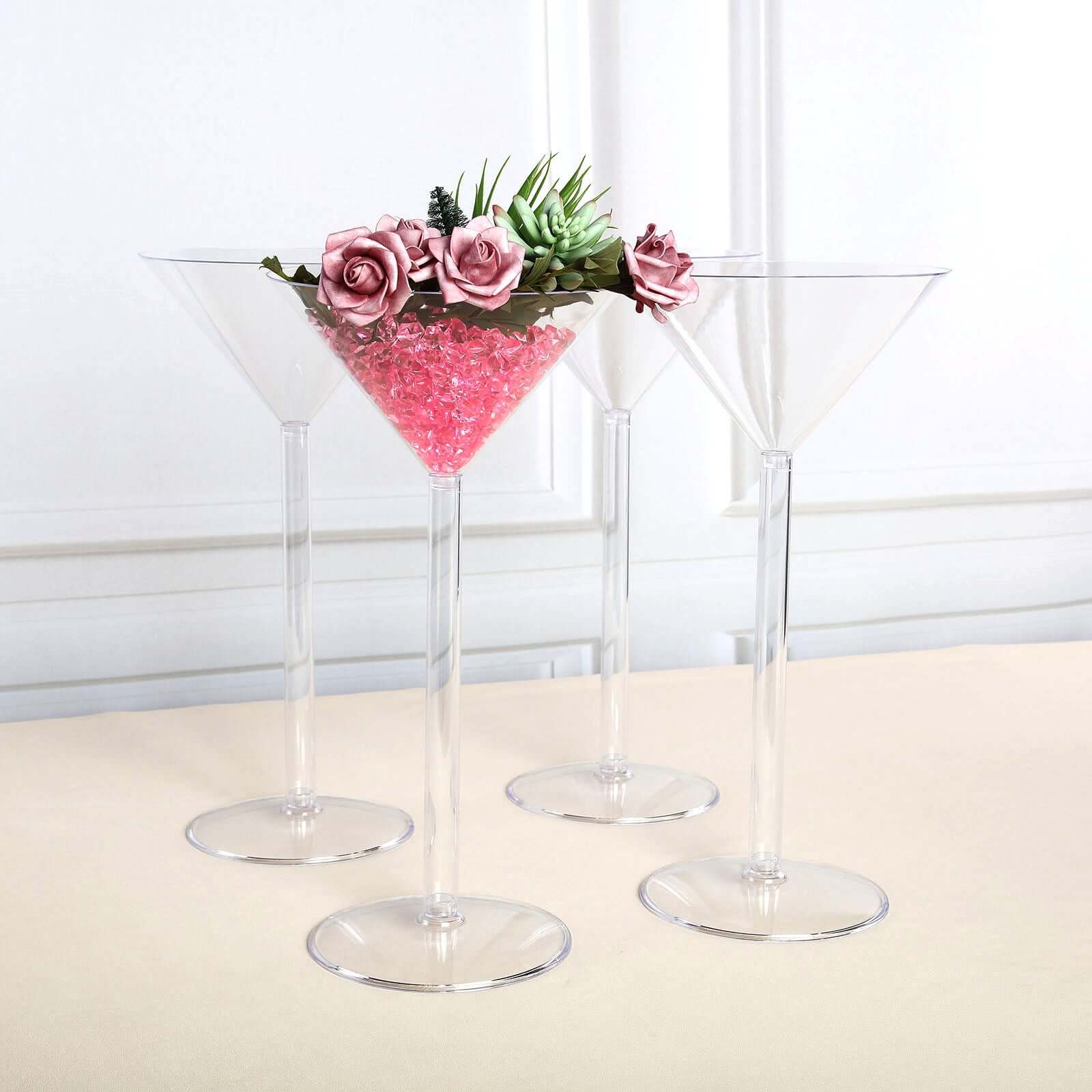4-Pack Plastic Flower Vases Martini Glass Design Clear - Fillable Long Stem Event Centerpieces 18"