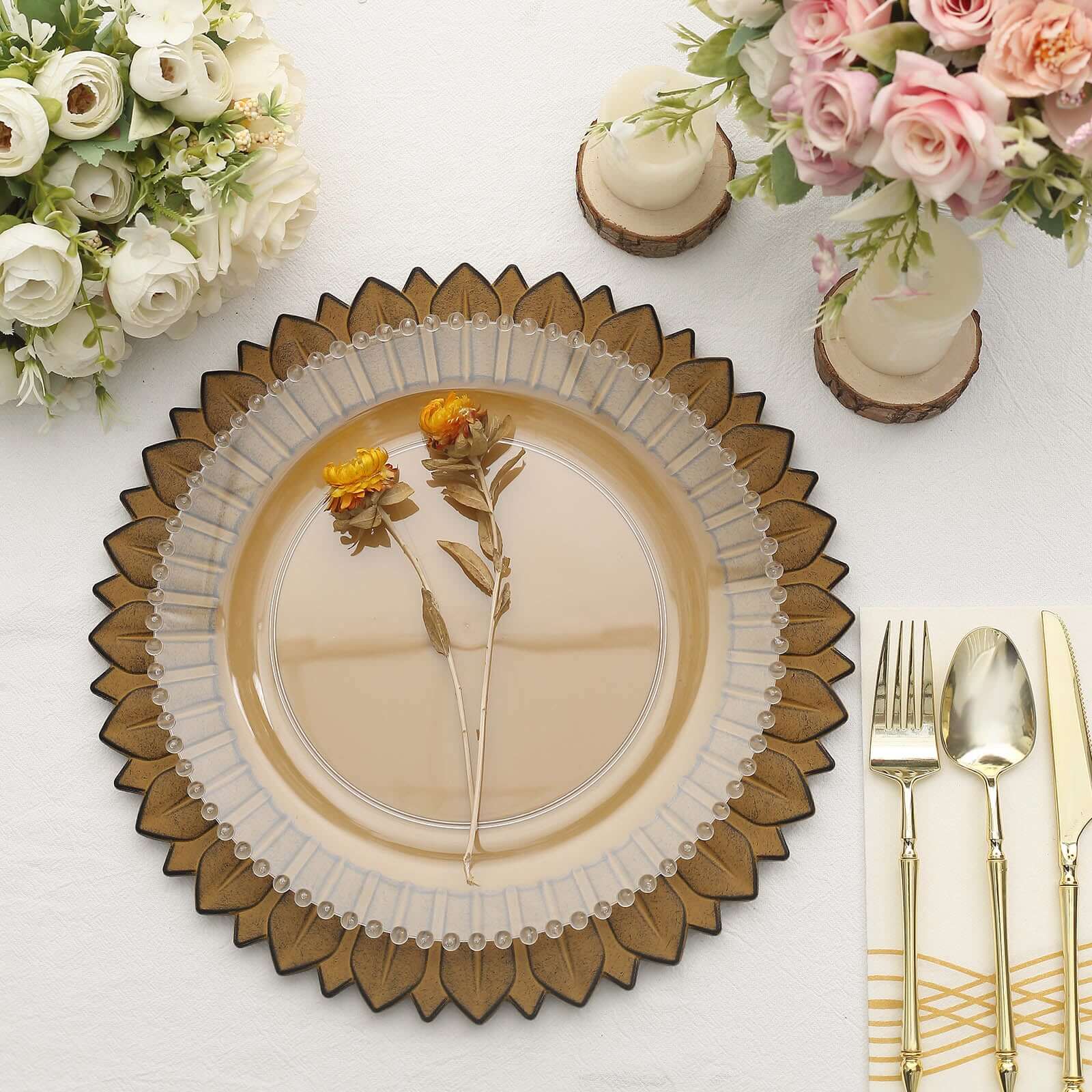 6-Pack Plastic Round Charger Plates 13" in Mustard Yellow with Sunflower Rim, Matte Finish Disposable Dinner Charger Tableware