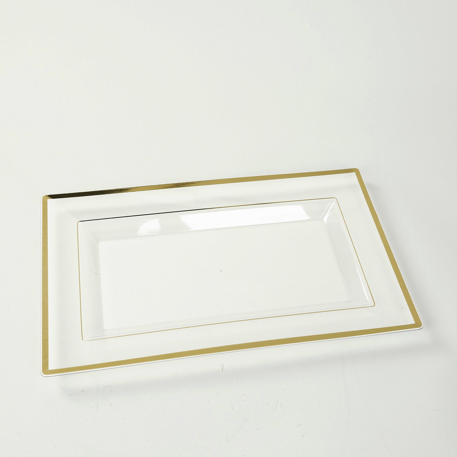 10-Pack Plastic 13"x8" Rectangle Serving Trays Clear with Gold Rim - Durable Reusable Sleek Design for Upscale Events & Parties