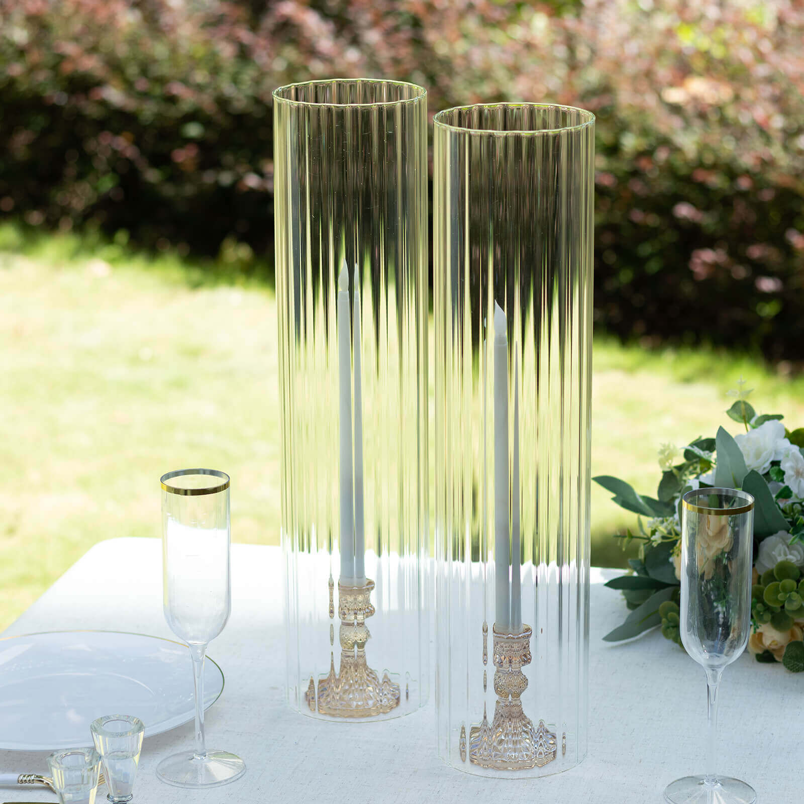 2-Pack Clear Ribbed Glass Hurricane Shades Open End Design - Stylish Candelabra Pillar Candle Holder Table Centerpiece 20"