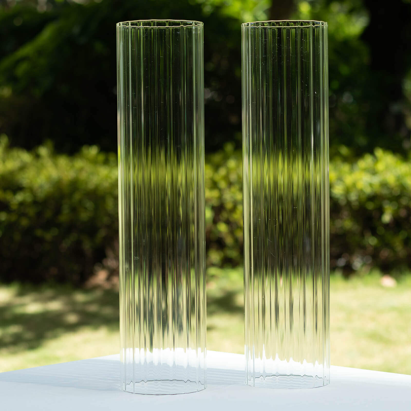 2-Pack Clear Ribbed Glass Hurricane Shades Open End Design - Stylish Candelabra Pillar Candle Holder Table Centerpiece 20"