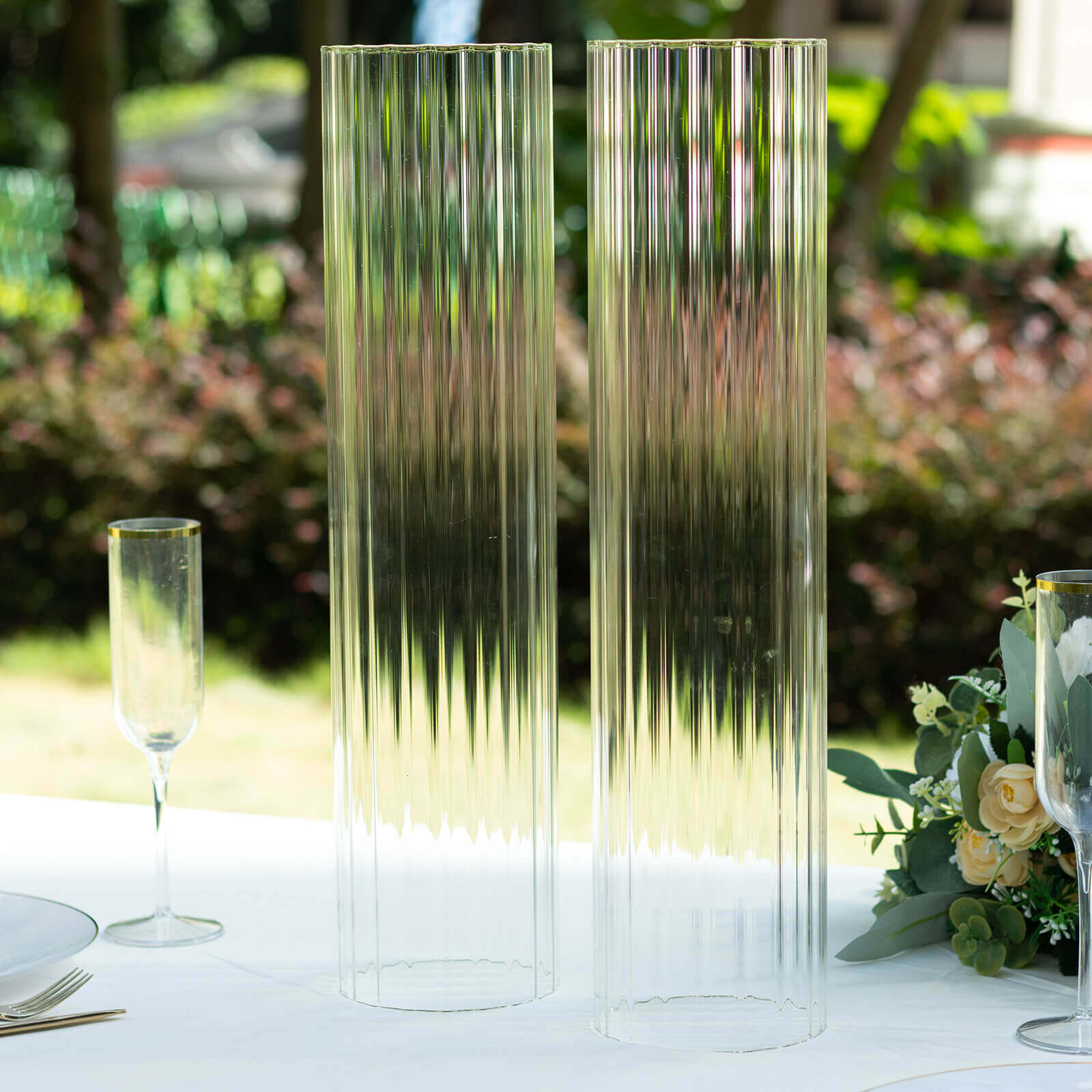 2-Pack Clear Ribbed Glass Hurricane Shades Open End Design - Stylish Candelabra Pillar Candle Holder Table Centerpiece 20"