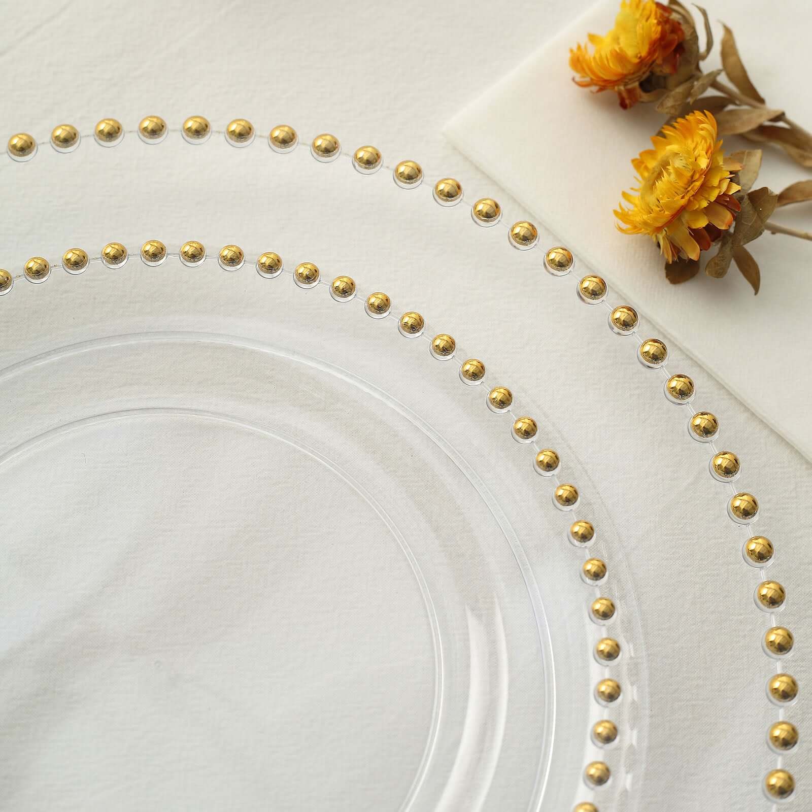 10-Pack Clear Plastic Dessert Plates – 8" Round with Gold Beaded Rim, Disposable for Parties & Events