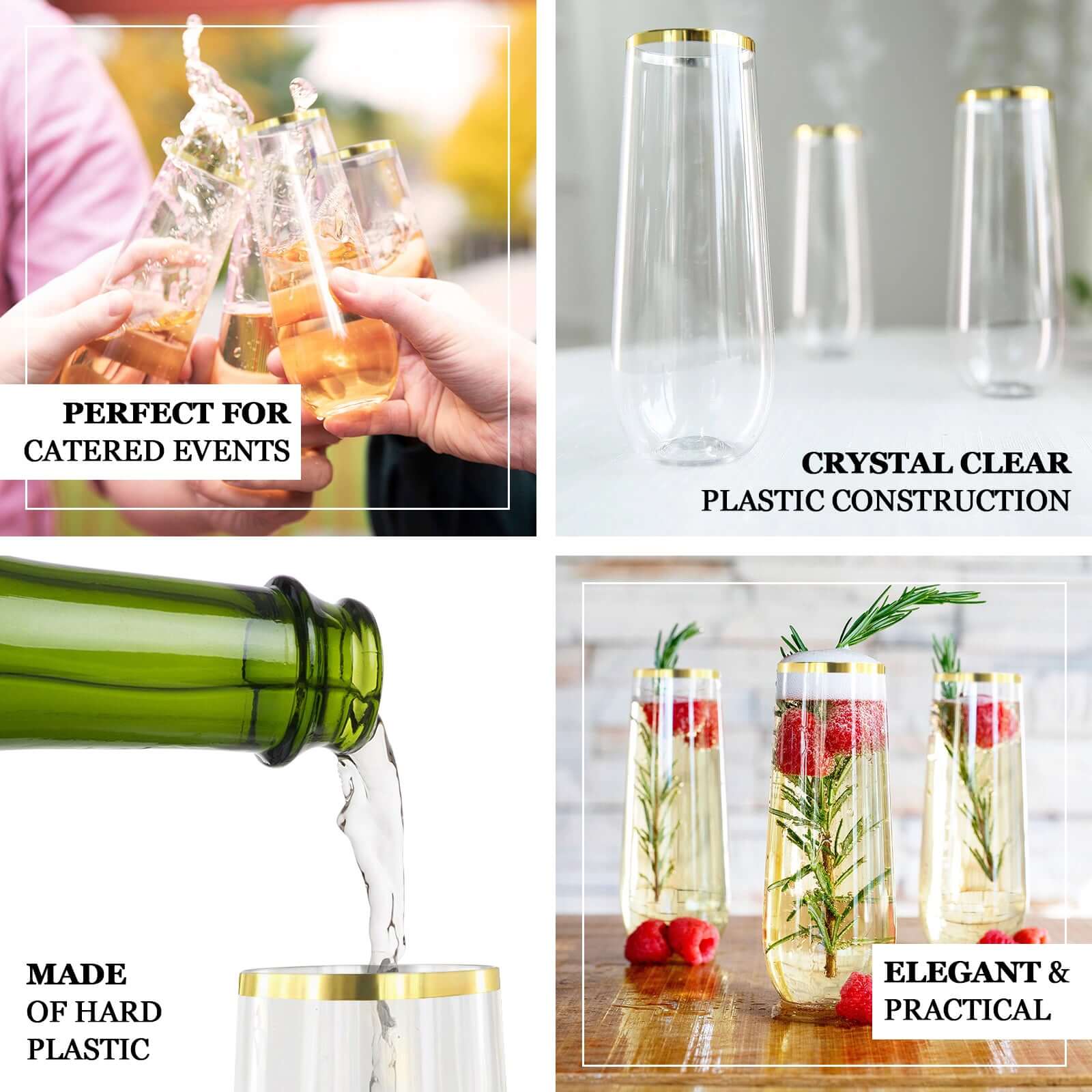 6 Pack Plastic Champagne Glasses in Clear with Gold Rim, Reusable Lightweight Champagne Flutes 9oz