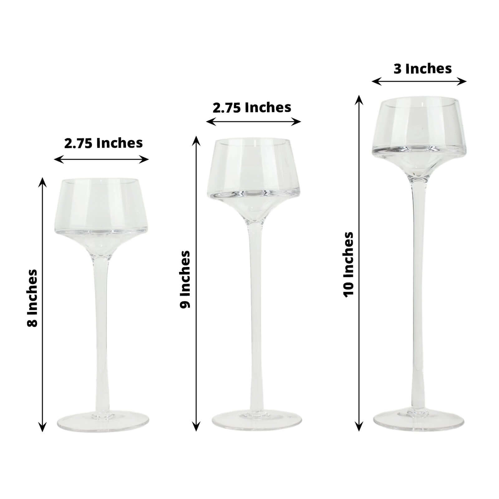 Set of 3 Glass Pedestal Vases Long Stem Clear - Tall Disc Candle Holders for Floral Centerpieces 8", 9", 10"