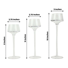 Set of 3 Glass Pedestal Vases Long Stem Clear - Tall Disc Candle Holders for Floral Centerpieces 8", 9", 10"
